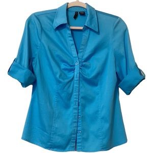 Nue Options Button Up Blue Roll Tab Sleeve Spandex Puckered Blouse Size PLarge